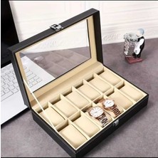 UltraMint 12 Yuvalı Deri Saat Saklama Kutusu, Şık ve Cam Kapaklı Tasarım