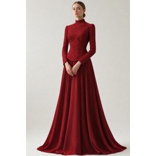 Olcay Boncuk ve Pul Bezeli Şifon Kombinli Exclusive Tesettür Abiye Elbise Bordo 1065