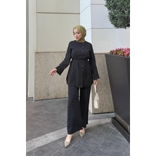 Tesettür Diyarı Kadın Tansel Kumaş Önden Düğmeli Tesettür Takım-Siyah