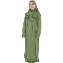 Pratik Tek Parça Organik Kız Çocuk Namaz Elbisesi-Fıstık Yeşili - 11-13 Yaş