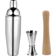 PremiumPort 3 Parça Profesyonel Barmen Seti: Paslanmaz Shaker, Ahşap Tokmak, Jigger