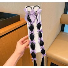 Kuromi Anime Model Siyah Saten  Fiyonk Detaylı Bukle  Lila Siyah Saç Çocuk 2 Li Lastik Toka