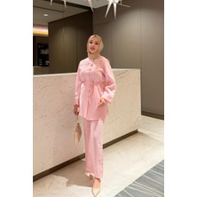 Tesettür Diyarı Kadın Tansel Kumaş Önden Düğmeli Tesettür Takım-Pembe