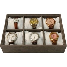 UltraMint Gri Kadife Kumaş Kaplama Ahşap 6'lı Saat Saklama Kutusu