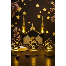 Peanelife Ramazan  Üçlü Set Dekoratif Pilli LED Işıklı Allah Yazılı Masa Lambası