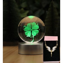 PremiumPort 4 Yapraklı Yonca 3D Kristal Cam Işıklı Küre ve Kolye Seti