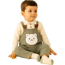 Buufuu Uzun Kollu Askılı Tulum, Sevimli Ayıcık Desenli  Gömlek Yaka Bebek Takımı