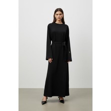 Puane Kadın Uzun Kollu Belden Kuşaklı Rahat Kesim Uzun Elbise