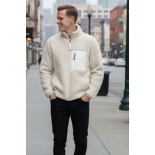 Knup Erkek Ekru Fermuarlı Kışlık Sweatshirt- Cepli, Sherpa Kumaş