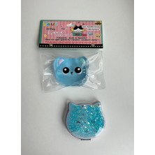 CN Collection Kedi Şeklinde Sulu Simli Ayna ve Yumuşak Oyuncak Mojmoj Mavi Renk