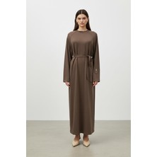 Puane Kadın Uzun Kollu Belden Kuşaklı Rahat Kesim Uzun Elbise