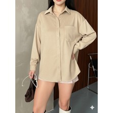 Ribana Classic Kadın Oversize Süet Büyük Beden Uzun Kollu Düğmeli Tek Cepli Gömlek 4962
