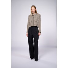 Thalure Kadın Kahverengi Ekoseli Crop Blazer