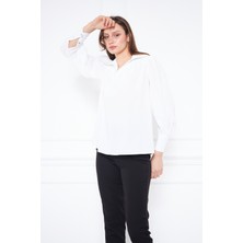 Comstar Kadın Trend Balon Kol Oversize Beyaz Şık Bluz Gömlek