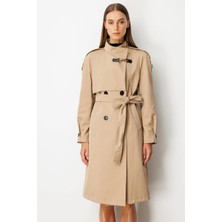 Ekol Dik Yaka Beli Kuşaklı Camel Rengi Trençkot 07003