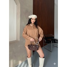 Ribana Classic Kadın Oversize Süet Büyük Beden Uzun Kollu Düğmeli Tek Cepli Gömlek 4962