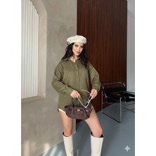 Ribana Classic Kadın Oversize Süet Büyük Beden Uzun Kollu Düğmeli Tek Cepli Gömlek 4962