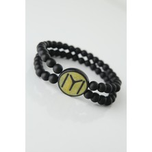 Calais Sarı Renkli Metal Üzerine Siyah Kayı Boyu Figürlü Siyah Renk Çift Sıra Doğal Taş Erkek Bileklik