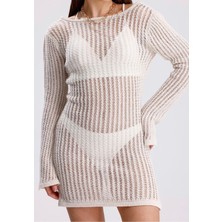 Yuga Knitting Kadın Triko Örgü Sırt Detaylı Kısa Ajurlu Uzun Kollu Plaj Elbisesi
