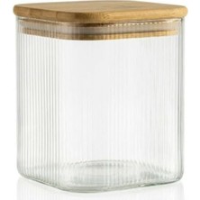 Storemax Bambu Kapaklı 200 ml Kare Cam Kavanoz – Çizgili Şeffaf Tasarım, Sızdırmaz Silikon Contalı Saklama Kabı