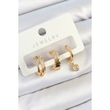 Nacario Bfs Pirinç Zirkon Taşlı Halka Model Gold Renk 3'lü Çift Kadın Küpe Set