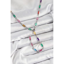 Nacario Bfs Pirinç Renkli Zirkon Taşlı Dikdörtgen Model Gümüş Renk Kadın Y Kolye