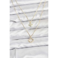 Nacario Bfs Pirinç Gold Renk Yonca Model 2'li Kadın Kolye