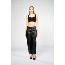 Thalure Kadın Siyah Deri Varil Pantolon