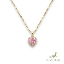 Uçan Geyik Pembe Renkli Kalpli Kolye - Sarı Zincir | Şifa ve Sevgi Taşı - Kadın Takı