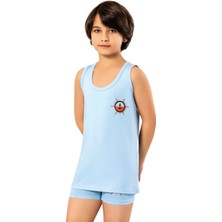 Veloure Erkek Çocuk Atlet ve Şort Takım  2'li Deniz Modelli Pamuklu Boxer Atlet , Mavi Renk (4 Parça)