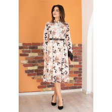 Neşeli Butik Kadın Bej Gömlek Yaka Kemerli Çiçek Desenli Şifon Elbise RY0031
