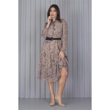 Neşeli Butik Kadın Kemerli Leopar Desenli Yeni Sezon Midi Boy Şifon Elbise APCX04