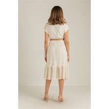 Neşeli Butik Kadın Ekru Hasır Kemerli Dantel Elbise DK0001