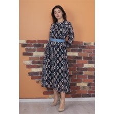 Neşeli Butik Kadın Kemerli Yaka Detaylı Uzun Şifon Elbise RY0032