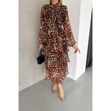 Neşeli Butik Kadın Eteği Kat Kat Leopar Desenli Şifon Elbise NBKKLF2036