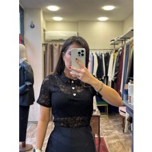 Dantelli Transparan Kalp Düğmeli Bluz - Siyah