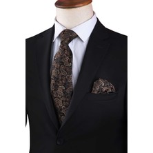 Kravatkolik Kahverengi Şal Desen Mendilli Klasik Kravat KK13121