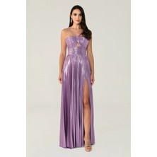 ALFABETA Kadın Dokuma Polyester Karışımlı Gece Şık Mor Abiye & Mezuniyet Elbisesi AB6610-MOR