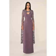 ALFABETA Kadın V Yaka Uzun Dokuma Kumaş Yuvarlak Yaka Pul Payet Tül Detay Lila Abiye & Mezuniyet Elbisesi AB7007-LİLA