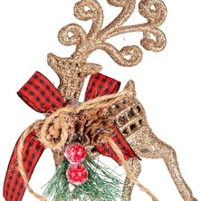 Storemax Yılbaşı Ağaç Süsü Ekose Desenli Kurdelalı Simli Geyik 8X15 Cm.