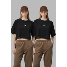 Softandbasic Kadın 2'li Nakışlı Regular %100 Organik Pamuk Yuvarlak Yaka Kısa Crop T-Shirt