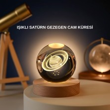 PremiumPort Satürn Gezegenli Kristal Küre LED Lamba, Usb'li Ahşap Standlı