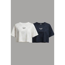 Softandbasic Kadın 2'li Nakışlı %100 Organik Pamuk Bisiklet Yaka Kısa Crop T-Shirt