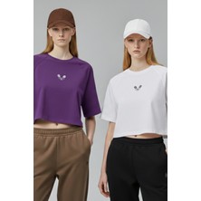 Softandbasic Kadın Nakışlı Regular %100 Organik Pamuk Yuvarlak Yaka Kısa Crop T-Shirt