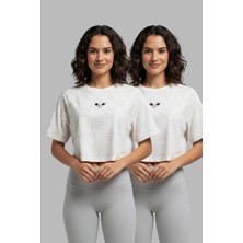 Softandbasic Kadın 2'li Nakışlı %100 Organik Pamuk Bisiklet Yaka Kısa Crop T-Shirt