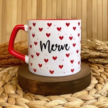 Loren Gift Kişiye Özel Isimli Kalpli Kupa | Kalp Desenli Kırmızı Kulplu Porselen Kupa Bardak 250 ml
