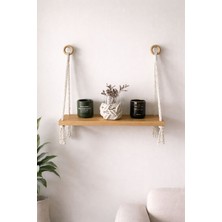 Vobu Home & Life Design Makrome Askılı Masif Ahşap Duvar Rafı – Bohem, Minimal & Rustik Dekoratif Raf
