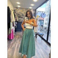 Beli Lastikli Cepli Pamuklu Kumaş Etek - Mint Yeşil