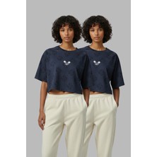 Softandbasic Kadın 2'li Nakışlı %100 Organik Pamuk Bisiklet Yaka Kısa Crop T-Shirt