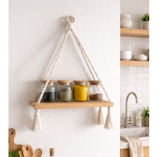 Vobu Home & Life Design Pinterest Tarzı Makrome İpli Ahşap Mutfak Rafı - Dekoratif Baharatlık & Duvar Rafı - Bohem Askılı Raf
